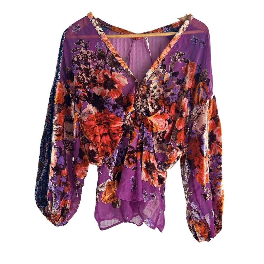 Free People Size Medium Bonnie Burnout Velvet Floral Top Sheer Balloon Sleeves